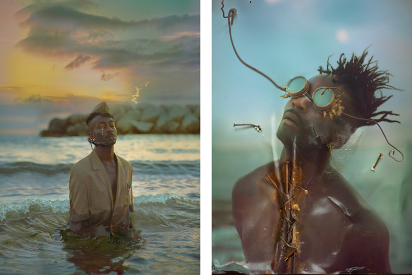 Prisca Munkeni Monnier (aka. Lafurie). A gauche, EXETER chapitre II_RÊVES & TOURBILLON, 2022. A droite, HOSTIE NOIRE, 2022. SKIN MPOSO (Edition Limit 5). Courtesy of KUB’ART GALLERY.