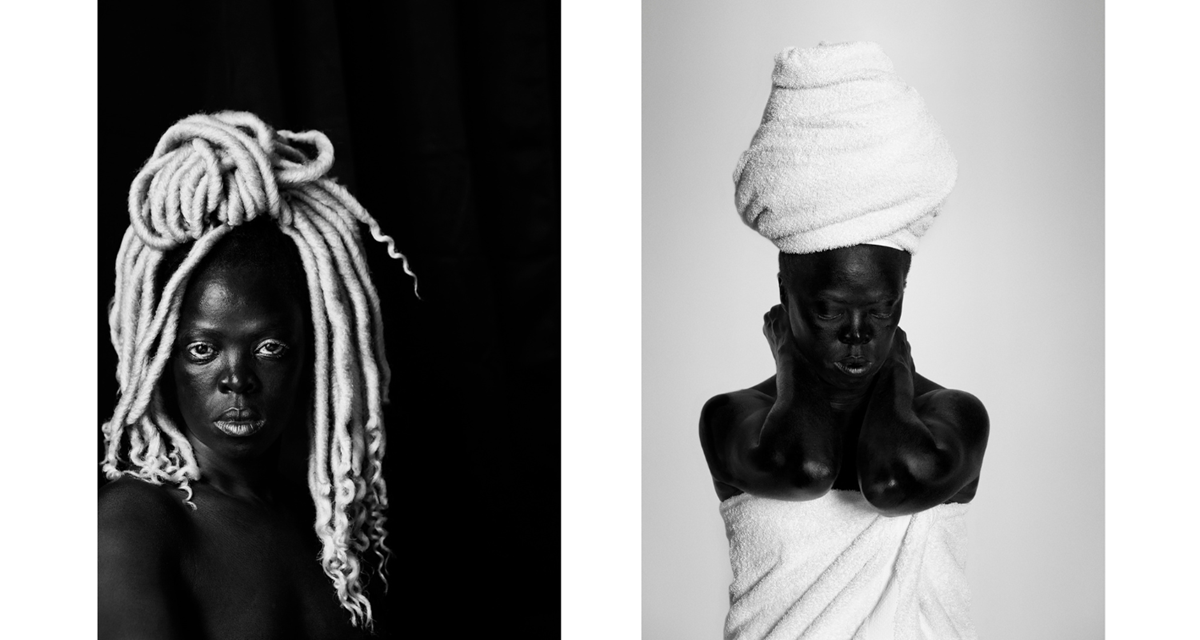 Zanele Muholi. A gauche, Siyikhokonke, Sheraton Hotel Brooklyn, 2019. A droite, Muzani I, Radisson Blue, Berkshire London, 2019. Courtesy of Zanele Muholi & Galerie Carole Kvasnevski.