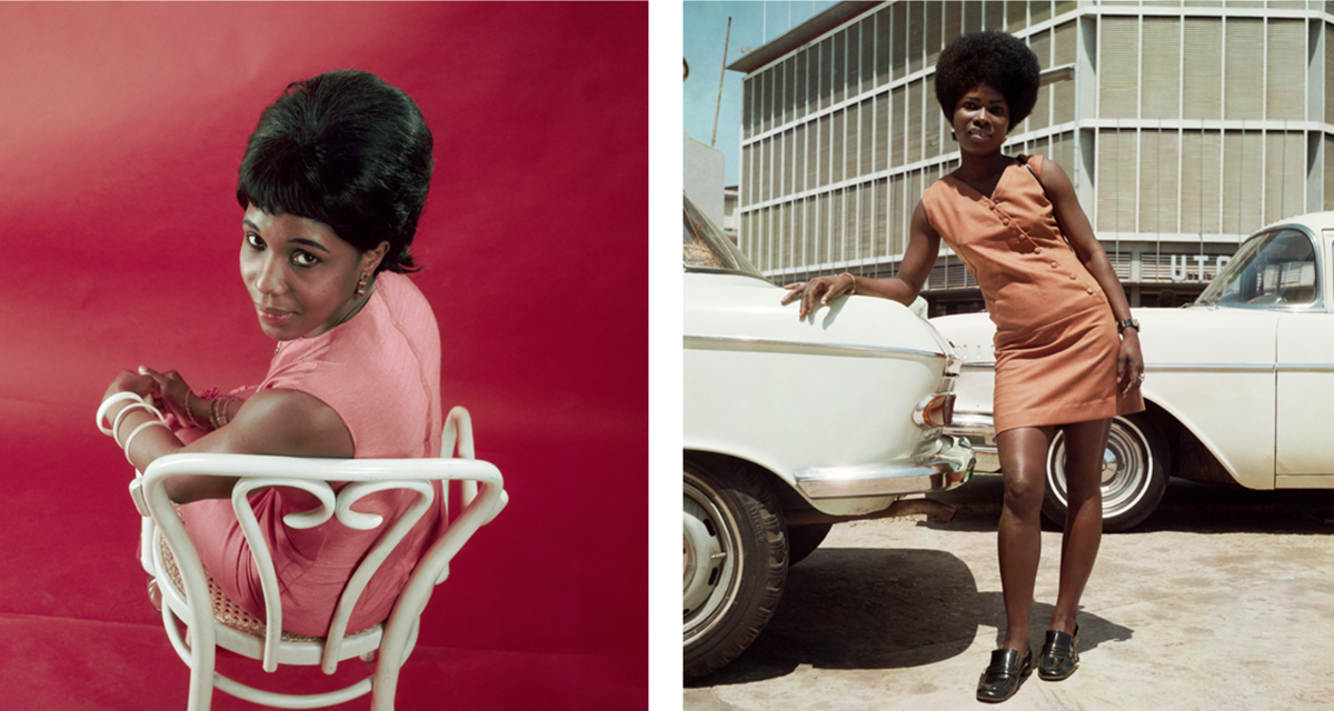 James Barnor. A gauche, Constance Mulondo posing for the cover of Drum magazine, Londres, 1967. A droite, Sick Hagemeyer shop assistant, Accra, 1971. Galerie Clémentine de la Féronnière.