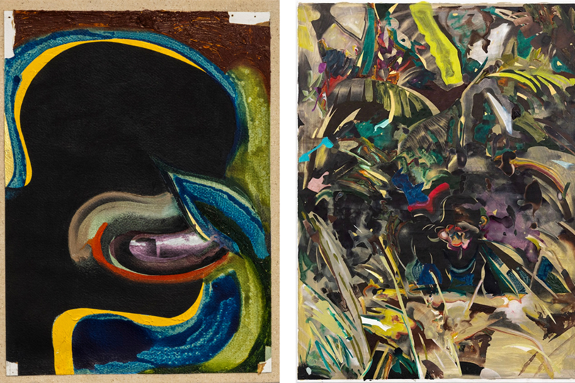 Leasho Johnson. A gauche, The texture of prayer – coarse and trembling, warm and sure, 2024. A droite, Leasho Johnson, Hole Tight, Heart Clean (Anansi #31), 2024. Courtesy of TERN Gallery.