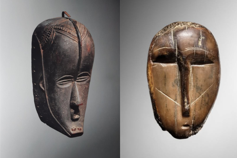 A gauche : masque de visage gye, Côte d’Ivoire, fin XIXe-début XXe siècle, galerie Gradiva. A droite : Tête Okvik sculptée en ivoire de morse, provenant de l’île Saint-Laurent, Alaska, datée entre 200 av. J.-C. et 200 apr. J.-C., galerie Vallois 41.