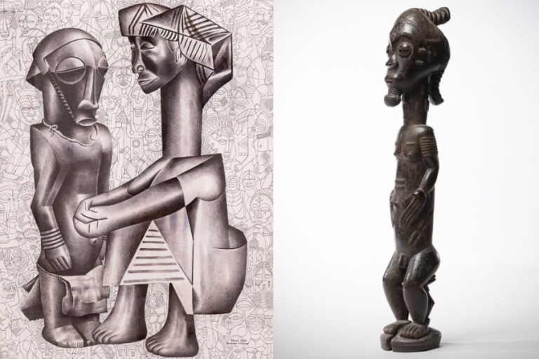 A gauche : Raymond Tsham, L'oracle, 2022, galerie Christophe Person. A droite : statuette blolo bian, Côte d’Ivoire, galerie Afrique – Dufour.