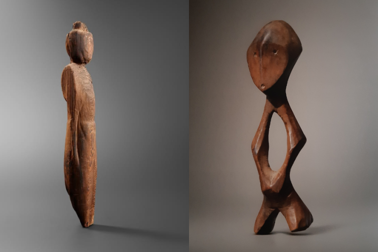 A gauche : sculpture de Kannon Avalokiteshvara debout, datée de la fin de l’époque de Heian, galerie Kiyama. A droite : statuette lega, République démocratique du Congo, XIXe siècle, galerie Bernard de Grunne.