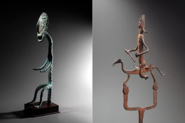 A gauche : œuvre du sculpteur Andrey Tischenko exposée dans le cadre du soloshow "Andrey Tischenko, Les Belles et les Bêtes", galerie Vallois 35. A droite : figure équestre d’un sommet de pique nègèsotig, Mali, XIXe siècle, galerie Gradiva.